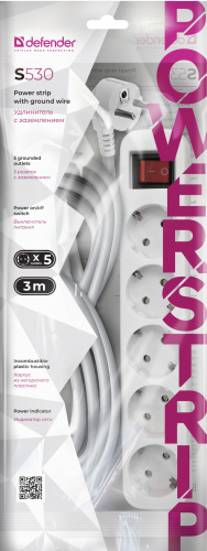 Удлинитель DEFENDER S530, 5 розеток, ПВС 3*1,0 мм2, мощность 2200 Вт, ток 10А, белый, с/з, выключатель, 3,0 м (1/30) (99242) фото 11