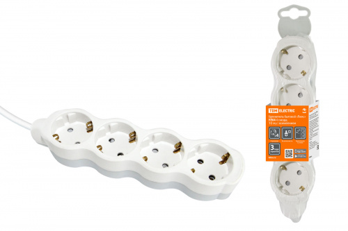 Удлинитель TDM "Люкс" УЛ04 4 гнезда, 10м, с/з, с з/ш, ПВС 3х1мм2 16А/250В бело-серый  (1/1/15) (SQ1303-0284)