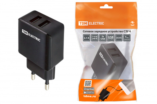 Сетевое зарядное устройство, СЗУ 4, 2,1 А, 2 USB, черный, TDM (1/200) (SQ1810-0021)