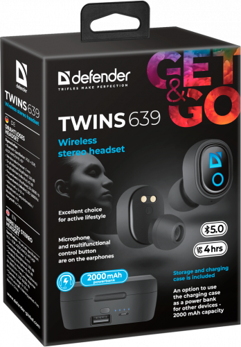 Наушники внутриканальные DEFENDER Twins 639 PB, TWS, Bluetooth, черные (1/40) (63639) фото 3
