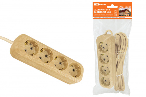Удлинитель TDM У04 4 гнезда, 5метров,2П+3, ПВС 3х1мм2 "Эко" (сосна) 16А/250В (1/20) (SQ1303-2012)