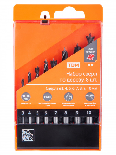 Набор сверл по дереву, 8 шт. (3-4-5-6-7-8-9-10) мм, полир., HSS, пласт. уп., "Рубин" TDM (1/60) (SQ1093-0202) фото 3