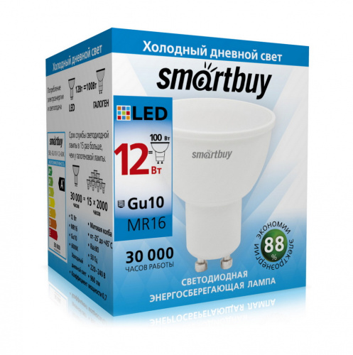 Лампа светодиодная SMARTBUY GU10 (MR16) 12Вт 6000K (холодный свет) (1/10/100) (SBL-GU10-12-60K)