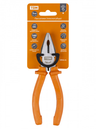 Пассатижи (плоскогубцы), с пластиковыми рукоятками, углеродистая сталь, 160 мм, серия "Гранит" TDM (1/60) (SQ1009-0101) фото 2