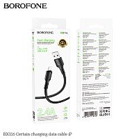 Кабель USB - 8 pin Borofone BX116 Certain, 1.0м, 2.4A, ткань, цвет: черный (1/360) (6941991119743)