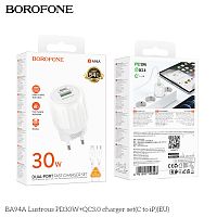 Блок питания сетевой 1 USB, 1 Type-C Borofone BA94A Lustrous, пластик, PD30Вт, QC3.0, кабель Type-C - 8 pin, цвет: белый (1/30/120) (6941991120008)