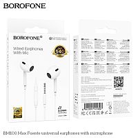 Наушники внутриканальные Borofone BM100 Max Fuente, пластик, микрофон, кабель Jack 3.5mm, 1.2м, цвет: белый (1/244) (6941991121807)
