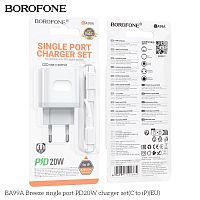 Блок питания сетевой 1 Type-C Borofone BA99A Breeze, пластик, 3.0A, PD20Вт, кабель Type-C - 8 pin, цвет: белый (1/60/240) (6941991121364)