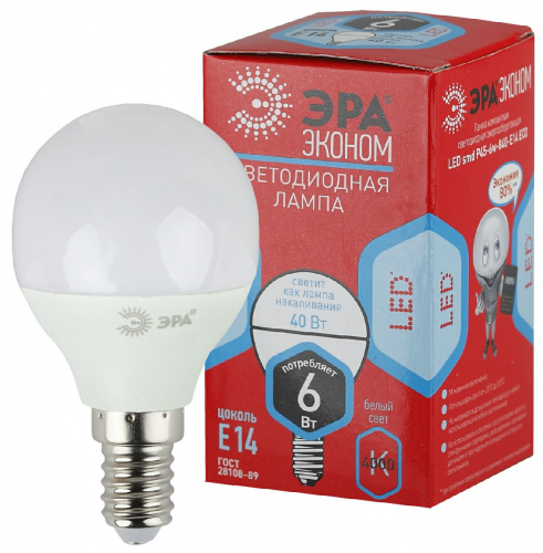 Лампа светодиодная ЭРА RED LINE ECO LED P45-6W-840-E14 E14 / Е14 6Вт шар нейтральный белый свет (1/100) (Б0019077) фото 3