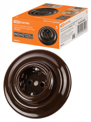 Розетка TDM скрытой установки фарфоровая 2П+З 16А 250В коричневая «Болонь» (1/36) (SQ1820-0422) Розетка TDM скрытой установки фарфоровая 2П+З 16А 250В коричневая «Болонь» (1/36) (SQ1820-0422)