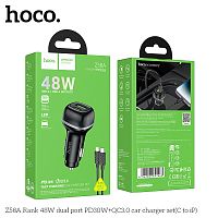 Блок питания автомобильный 1 USB, 1 Type-C HOCO Z58A Rank, 3.0A, пластик, QC3.0, PD30Вт, кабель Type-C - 8 pin, цвет: чёрный (1/11/110) (6942007641463)