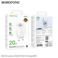Блок питания сетевой 1 USB, 1 Type-C Borofone BA93A Lustrous, пластик, PD20Вт, QC3.0, цвет: белый (1/30/120) (6941991119927)