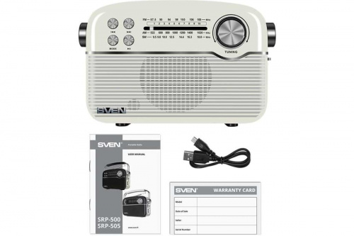 Радиоприёмник SVEN АС SRP-500 (3 Вт,Bluetooth, FM/AM/SW, USB, microSD, AUX,  встроенный аккумулятор), белый (1/24) (SV-020422) фото 3