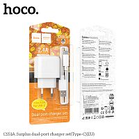 Блок питания сетевой 2 USB HOCO CS51A Surplus, 2.4A, кабель USB - Type-C, цвет: белый (1/28/168) (6942007631440)