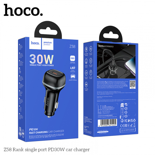 Блок питания автомобильный 1 Type-C HOCO Z58 Rank, 3.0A, пластик, QC3.0, PD30Вт, цвет: чёрный (1/11/110) (6942007641425)