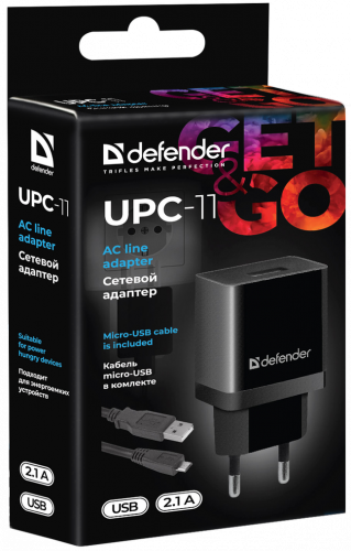 Блок питания сетевой 1 USB DEFENDER UPC-11, черный, 5V/2.1А, кабель micro-USB (1/50) (83556) фото 3