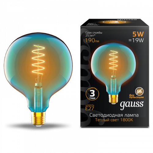 Лампа светодиодная GAUSS Filament G125 5W 190lm 1800К Е27 sky blue flexible 1/10 (1013802105)