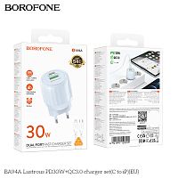 Блок питания сетевой 1 USB, 1 Type-C Borofone BA94A Lustrous, пластик, PD30Вт, QC3.0, кабель Type-C - 8 pin, цвет: синий (1/30/120) (6941991120015)