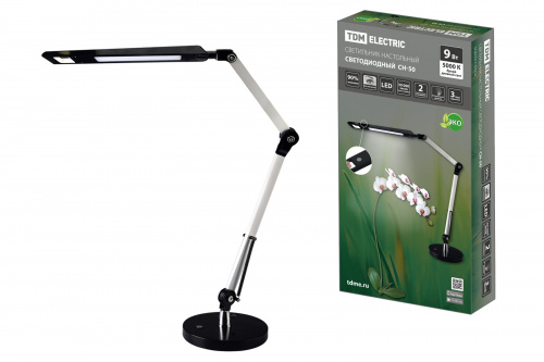 Светильник светодиодный TDM настольный СН-50, 2 колена, диммер, 220 В, 9 Вт, 5000 К, сереб-черн, (1/1/4) (SQ0337-0162) Светильник светодиодный TDM настольный СН-50, 2 колена, диммер, 220 В, 9 Вт, 5000 К, сереб-черн, (1/1/4) (SQ0337-0162)
