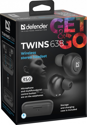 Наушники внутриканальные DEFENDER Twins 638, TWS, Bluetooth, черные (1/40) (63638) фото 3