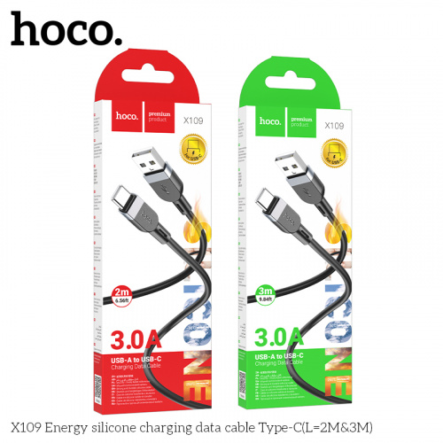 Кабель USB - Type-C HOCO X109 Energy, 2.0м, круглый, 3.0А, силикон, цвет: чёрный (1/31/310) (6942007636315)