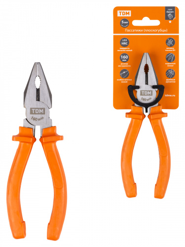 Пассатижи (плоскогубцы), с пластиковыми рукоятками, углеродистая сталь, 160 мм, серия "Гранит" TDM (1/60) (SQ1009-0101)