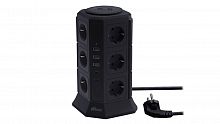 Сетевой фильтр RITMIX RM-2123C Black, башня, 12 розеток, 16А, 4000Вт, 2хType C + 3х USB, 2 кнопки питания, кабель медный 2м, с заземлением (1/12) (80003367)