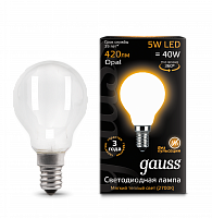 Лампа светодиодная GAUSS Filament Шар 5W 420lm 2700К Е14 milky 1/10/50 (105201105)