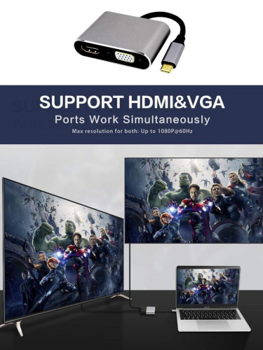 Концентратор-USB (хаб) USB 3.1 Type-C(M)--> HDMI+USB 3.0+PD+VGA Alum Grey 4K@30Hz, TELECOM<TUC055> (1/300) фото 9 Концентратор-USB (хаб) USB 3.1 Type-C(M)--> HDMI+USB 3.0+PD+VGA Alum Grey 4K@30Hz, TELECOM<TUC055> (1/300) фото 9