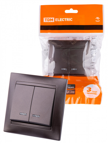 Выключатель 2 кл. с подсветкой 10А шоколад , с/у, "Лама" (10/120) TDM (SQ1815-0505) Выключатель 2 кл. с подсветкой 10А шоколад , с/у, "Лама" (10/120) TDM (SQ1815-0505)
