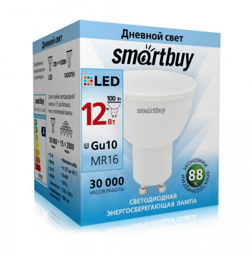Лампа светодиодная SMARTBUY GU10 (MR16) 12Вт 220V 4000K (нейтральный свет) (10/100) (SBL-GU10-12-40K)