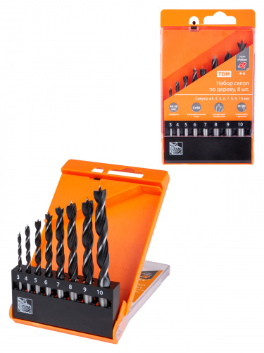 Набор сверл по дереву, 8 шт. (3-4-5-6-7-8-9-10) мм, полир., HSS, пласт. уп., "Рубин" TDM (1/60) (SQ1093-0202)
