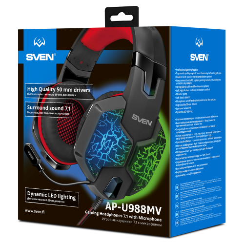 Игровые наушники с микрофоном SVEN AP-U988MV, (USB, LED, 7.1), черный-красный (1/5) (SV-014780) фото 2
