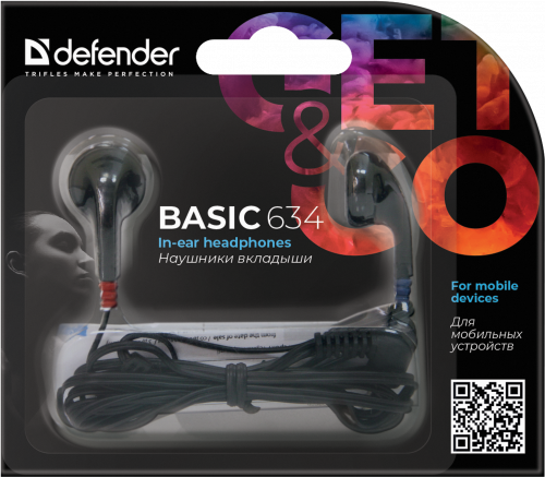 Наушники внутриканальные DEFENDER Basic 634 вкладыши, шнур 1.1 м, черные (1/200) (63634) фото 4