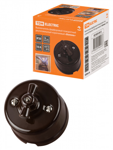 Выключатель фарфоровый поворотный 2-кл. с ручкой (бантик) 10А коричневый «Болонь» TDM (1/72) (SQ1820-0413) Выключатель фарфоровый поворотный 2-кл. с ручкой (бантик) 10А коричневый «Болонь» TDM (1/72) (SQ1820-0413)