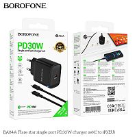 Блок питания сетевой 1 Type-C Borofone BA84A Flare, пластик, PD30Вт, QC3.0, кабель Type-C - 8 pin, цвет: чёрный (1/40/160) (6941991117411)