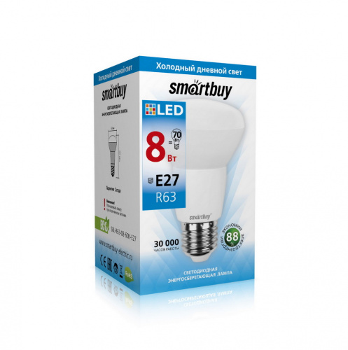 Лампа светодиодная SMARTBUY R63 8Вт 220V 6000K E27 (рефлекторная, холодный дневной свет) (10/100) (SBL-R63-08-60K-E27)