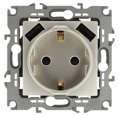 Розетка ЭРА, серии ЭРА 12, 2P+E 16A-250В, штор. с 2xUSB 5В-3А, шампань (10/100/2000) 12 -4109-04