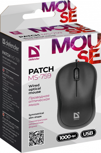 Мышь проводная DEFENDER Patch MS-759, USB, 3 кнопки, 1000 dpi, черный (1/100) (52759) фото 10