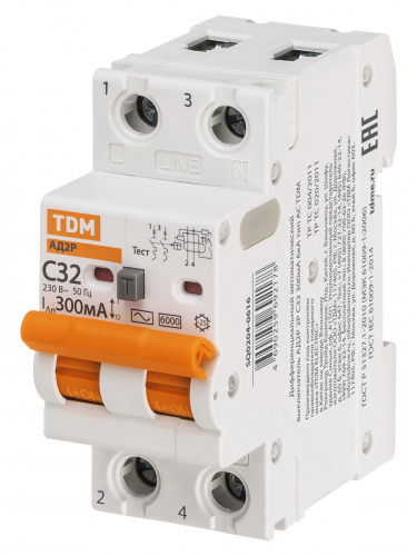 Диф.автомат АД2P 2Р С32 300мА 6кА тип АС TDM (1/48) (SQ0204-0616) фото 7
