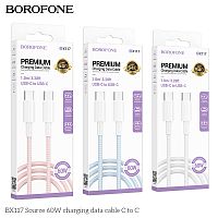 Кабель Type-C - Type-C Borofone BX117 Source 60W, 1.0м, 3.0A, PD60Вт, ткань, цвет: белый (1/360) (6941991120206)