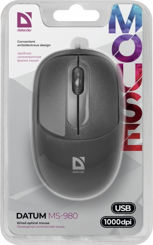 Мышь проводная DEFENDER Datum MS-980, USB, 3 кнопки, 1000 dpi, черный (1/40) (52980) фото 5