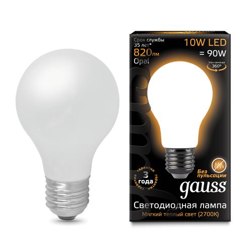 Лампа светодиодная GAUSS Filament А60 10W 820lm 2700К Е27 milky 1/10/40 (102202110) Лампа светодиодная GAUSS Filament А60 10W 820lm 2700К Е27 milky 1/10/40 (102202110)