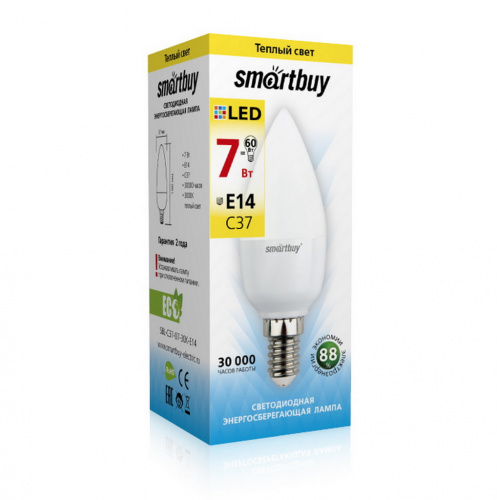 Лампа светодиодная SMARTBUY C37 7Вт 220V 3000K E14 (свеча, теплый свет) (10/100) (SBL-C37-07-30K-E14)