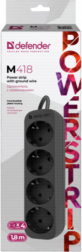 Удлинитель DEFENDER M418, 4 розетки, ПВС 3*1,0 мм2, мощность 2200 Вт, ток 10А, с/з, черный, 1,8 м (1/45) (99325) фото 9