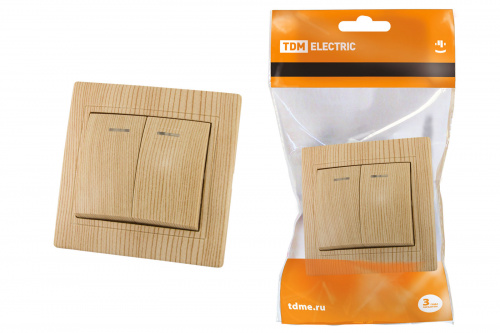 Выключатель скрытая установка, 2 кл. с подсветкой 10А "ЭКО" (сосна) "Таймыр" TDM (10/100) (SQ1814-0205)
