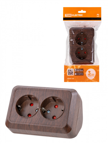 Розетка TDM угловая двойная 2П+3 открытой установки с з/ш IP20 250В 16А бук "Ладога" (6/72) (SQ1801-0343)