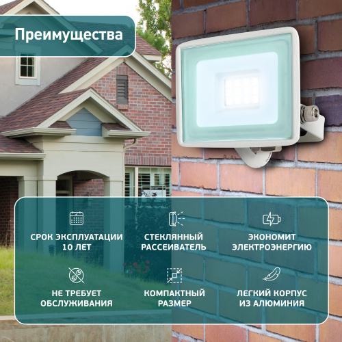 Прожектор светодиодный ЭРА LPR-023-W-65K-010 10Вт 6500K 800Лм IP65 белый (1/40) (Б0054639) фото 10