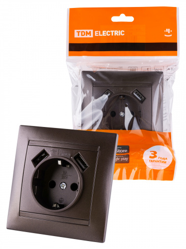 Розетка 2П+З 16А 250В + 2 USB порта 2,1А 5В шоколад , с/у, "Лама" (8/96) TDM (SQ1815-0542) Розетка 2П+З 16А 250В + 2 USB порта 2,1А 5В шоколад , с/у, "Лама" (8/96) TDM (SQ1815-0542)