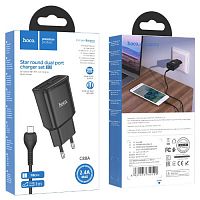 Блок питания сетевой 2 USB HOCO C88A, Star, 2400mA, пластик, кабель микро USB, цвет: чёрный (1/12/120) (6931474749529)